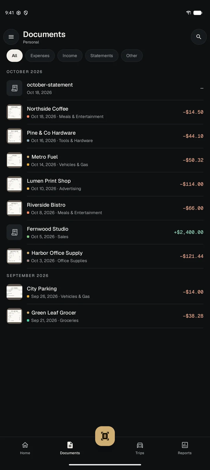 Documents: receipts grouped by month with merchant, date, category and amount.
