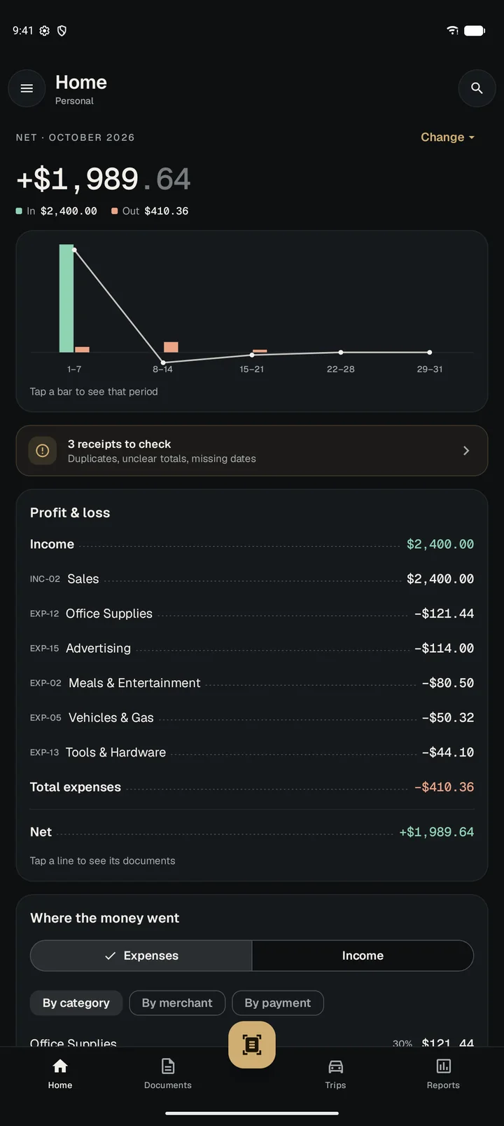 Home: net for the month, cash flow chart, and profit and loss.