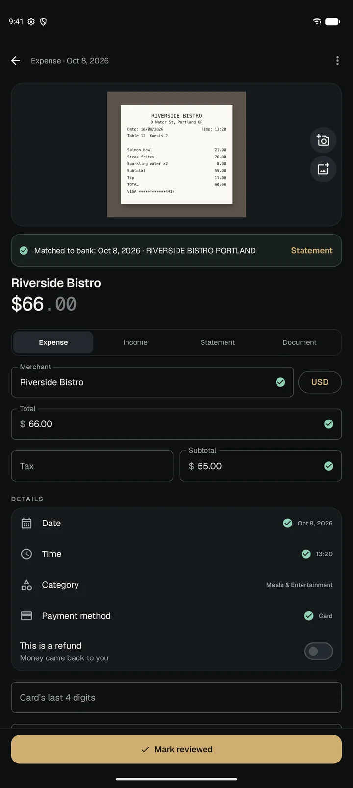 A Riverside Bistro receipt for $66.00 with merchant, total, subtotal, date, time and payment method ticked as read, and matched to a bank line.