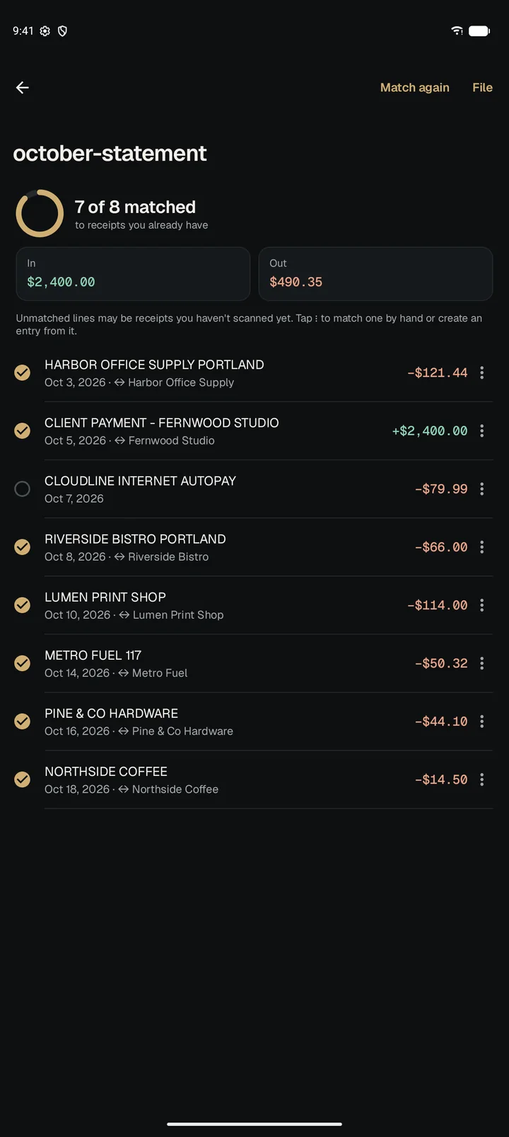 An October bank statement: 7 of 8 lines matched to receipts, with one internet bill still unmatched.