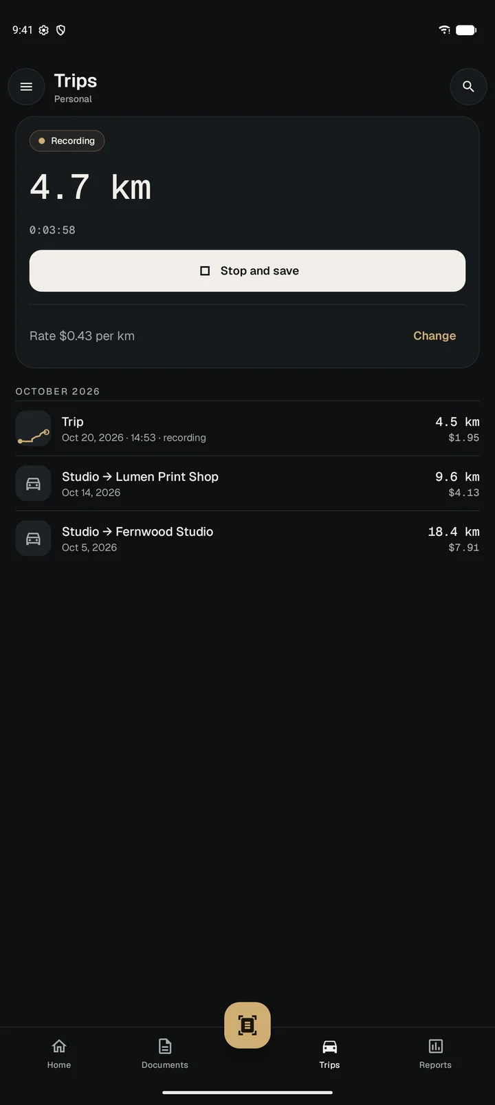 A trip recording with GPS: 4.7 km after 3 minutes 58 seconds.